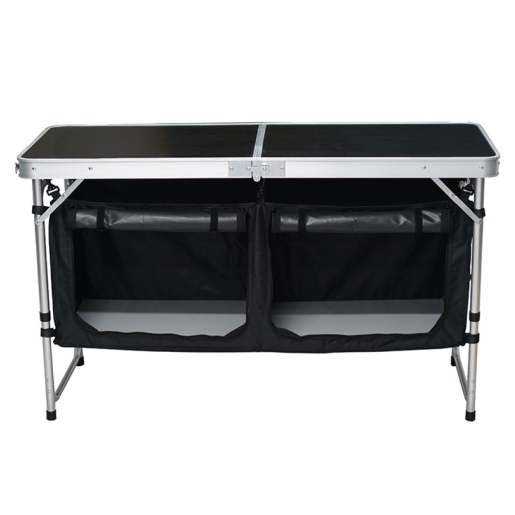 Masa camping pliabila cu spatiu depozitare aluminiu mdf textil negru Kepi 120x47x54 cm