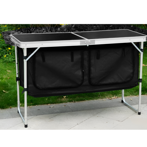 Masa camping pliabila cu spatiu depozitare aluminiu mdf textil negru Kepi 120x47x54 cm