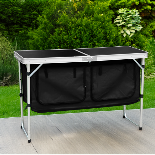 Masa camping pliabila cu spatiu depozitare aluminiu mdf textil negru Kepi 120x47x54 cm