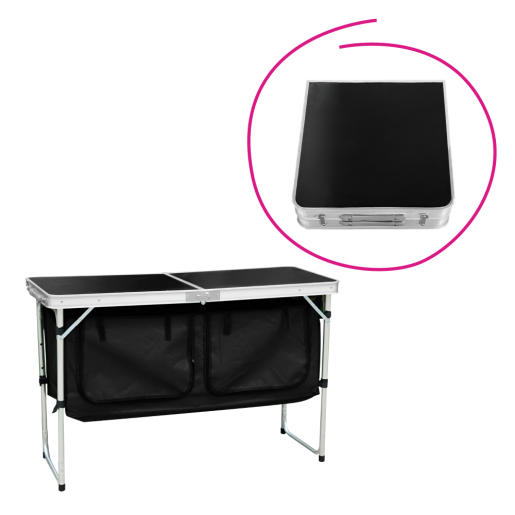 Masa camping pliabila cu spatiu depozitare aluminiu mdf textil negru Kepi 120x47x54 cm