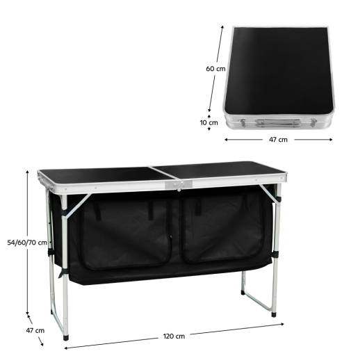 Masa camping pliabila cu spatiu depozitare aluminiu mdf textil negru Kepi 120x47x54 cm