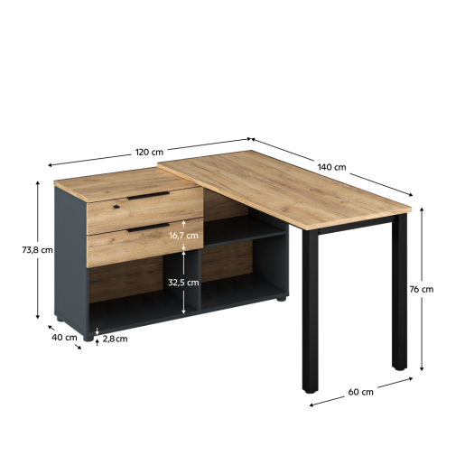 Birou de colt HDF stejar artisan grafit Klaudius 140x120x76 cm