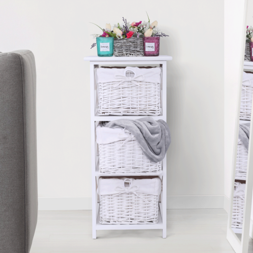 Comoda lemn cu 3 cosuri rachita si textil alb Rafaello 36x37x76 cm
