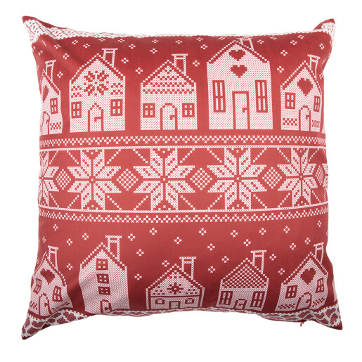 Fata perna Craciun Casute textil rosu bej 45x45 cm