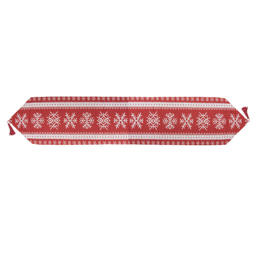 Traversa masa Craciun Fulgi de Nea poliester alb rosu 33x180 cm