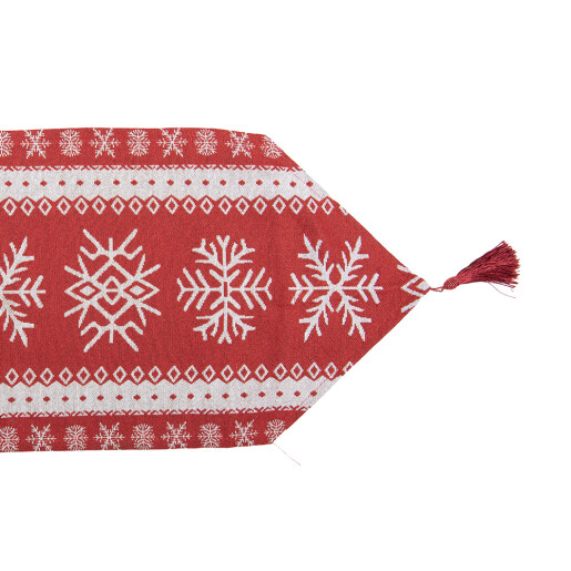 Traversa masa Craciun Fulgi de Nea poliester alb rosu 33x180 cm