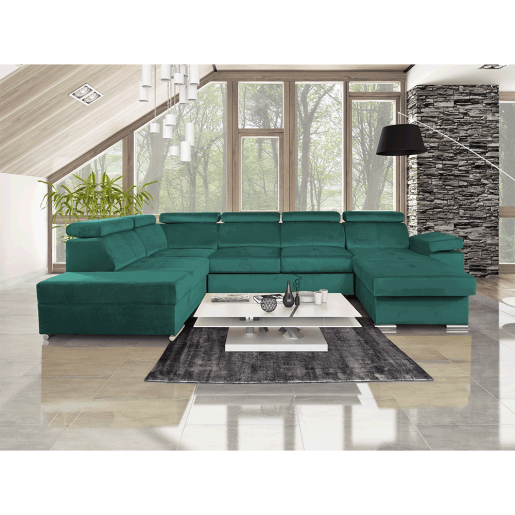 Canapea extensibila cu tapiterie textil verde dreapta Lamora 329x220x97 cm