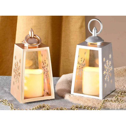 Set 2 felinare Craciun plastic alb auriu cu led 10x10x22.5 cm