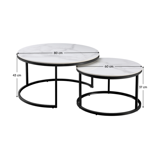 Set 2 masute marmura alba otel negru Lastro 80x43 cm, 60x37 cm