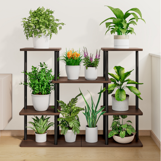 Suport flori fier negru lemn maro Leder 80x24x65,5 cm