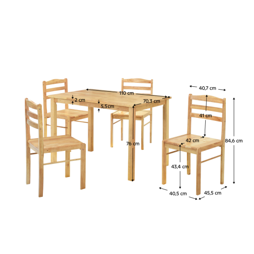 Set masa, 4 scaune lemn masiv natur Loak 110x70,3x76 cm, 40,5x45,5x84,6 cm