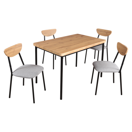 Set masa, 4 scaune mdf stejar metal negru textil gri Madio 110x70x75,5 cm, 40x48,5x78 cm
