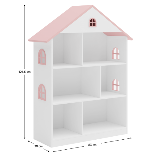 Biblioteca camera copii mdf alb roz Casuta 83x30x106,5 cm