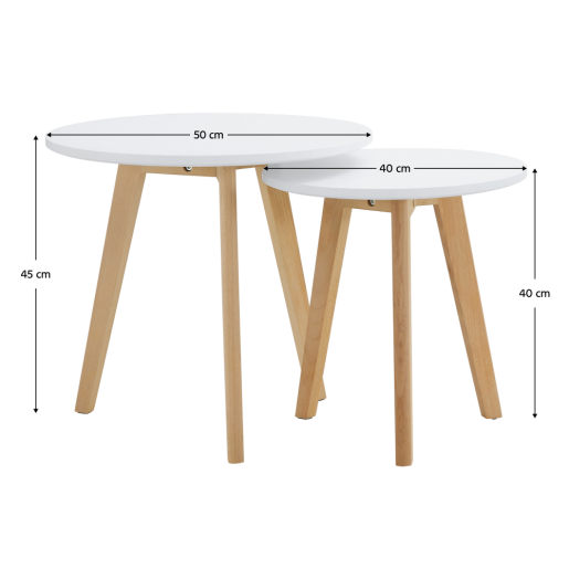 Set 2 masute cafea mdf alb lacuit fag natur Malto 50x50x45 cmm 40x40x40 cm