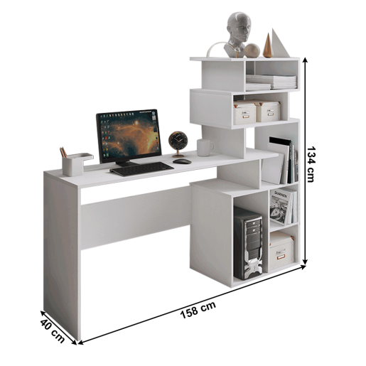 Birou PC cu raft din mdf alb Maxim 158x40x134 cm