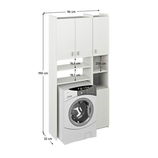 Dulap deasupra maşinii de spalat cu raft, DTD laminat alb, Mirali 96x32x190 cm