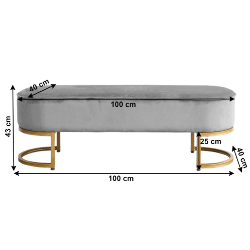 Banca de design catifea gri crom auriu Mirila 100x40x43 cm