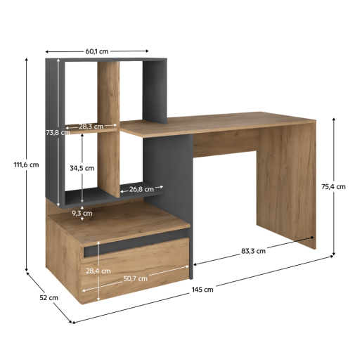 Birou DTD stejar artisan gri grafit Nereo 145x52x111.6 cm