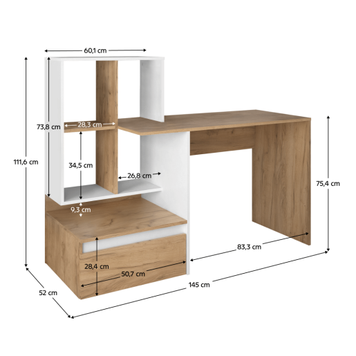 Birou DTD stejar artisan alb Nereo 145x52x111.6 cm