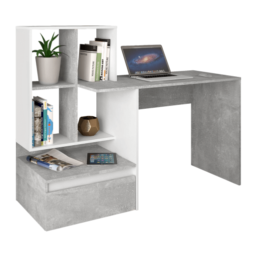 Birou DTD gri beton alb Nereo 145x52x111.6 cm