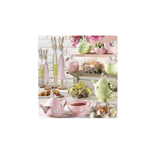 Set ceainic cu ceasca din ceramica roz model Iepuras 19x12x19 cm