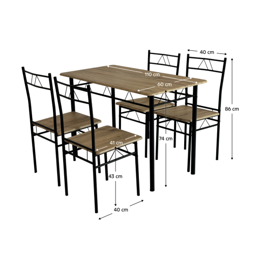 Set masa, 4 scaune mdf stejar, metal negru Paon 110x60x74 cm, 40x40x86 cm