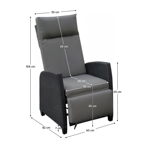 Scaun pozitionabil de gradina, negru/gri, Pavio 60x82x104 cm