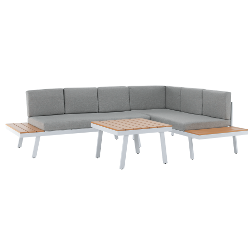 Set mobilier gradina otel alb stejar gri Pelor 258/182x75x65/79 cm, 70x70x45 cm