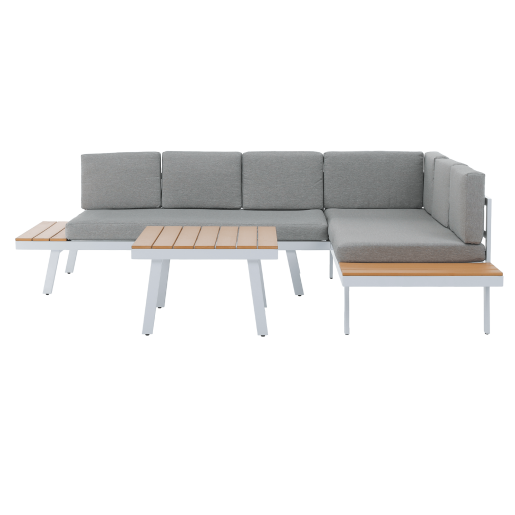 Set mobilier gradina otel alb stejar gri Pelor 258/182x75x65/79 cm, 70x70x45 cm