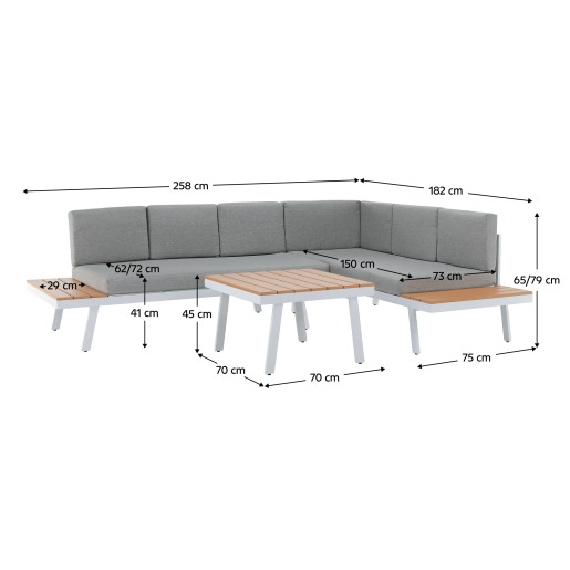 Set mobilier gradina otel alb stejar gri Pelor 258/182x75x65/79 cm, 70x70x45 cm