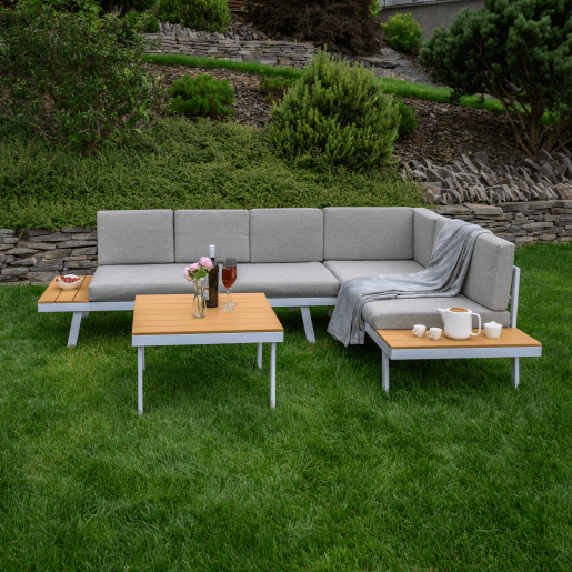 Set mobilier gradina otel alb stejar gri Pelor 258/182x75x65/79 cm, 70x70x45 cm