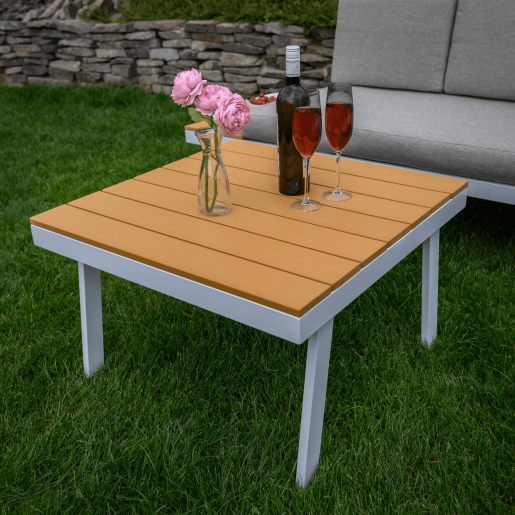 Set mobilier gradina otel alb stejar gri Pelor 258/182x75x65/79 cm, 70x70x45 cm