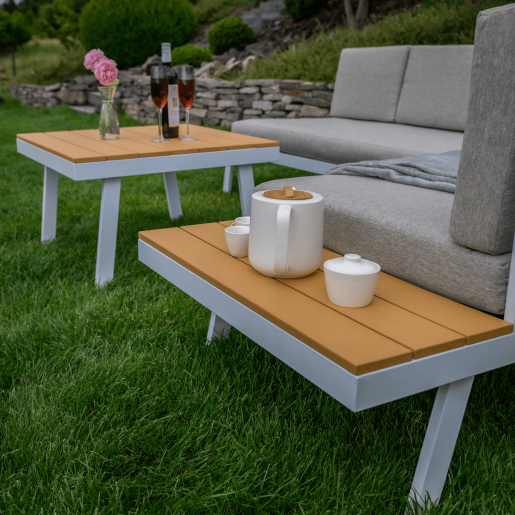 Set mobilier gradina otel alb stejar gri Pelor 258/182x75x65/79 cm, 70x70x45 cm