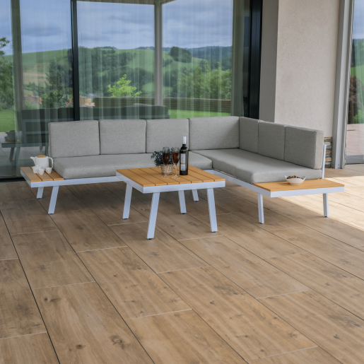 Set mobilier gradina otel alb stejar gri Pelor 258/182x75x65/79 cm, 70x70x45 cm