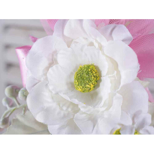 Set 3 crengute Margarete si Bujori artificiali alb verde 21 cm