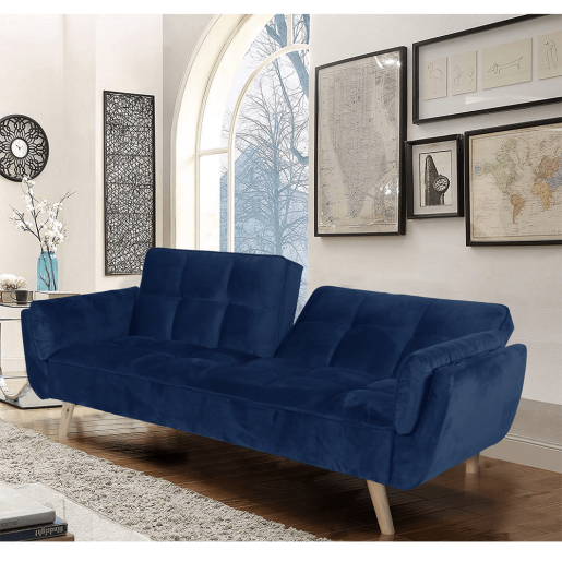 Canapea extensibila cu tapiterie catifea albastra picioare stejar natur Filema 210x92x82 cm