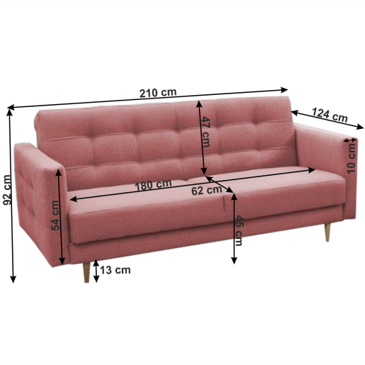 Canapea extensibila 3 locuri textil roz Amedia 207x124x92 cm