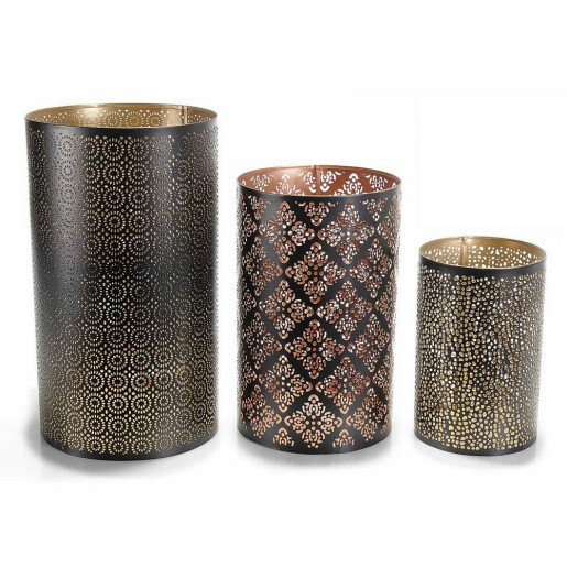 Set 3 suporturi lumanari metal negru auriu Ø 14,5 cm x 26 H, Ø 13 x 21 H, Ø 10 x 15,5 H