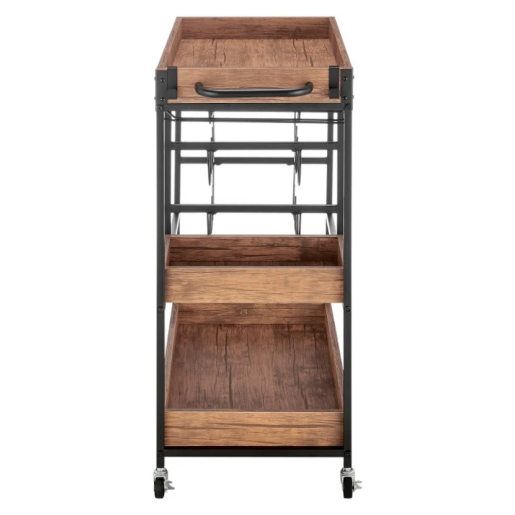 Carucior servire, suport sticla vin metal negru mdf stejar Portis 83x43x90 cm