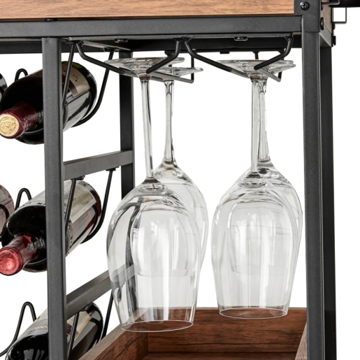 Carucior servire, suport sticla vin metal negru mdf stejar Portis 83x43x90 cm