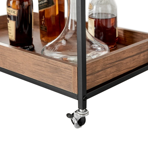 Carucior servire, suport sticla vin metal negru mdf stejar Portis 83x43x90 cm