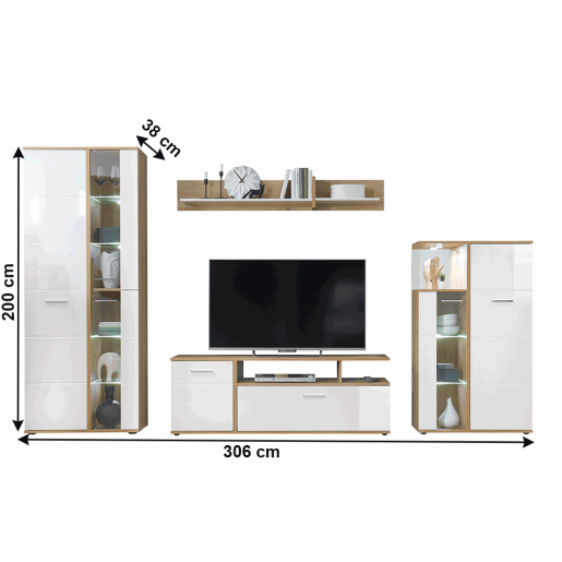 Set mobilier living mdf alb lucios stejar Revel 306x38x200 cm