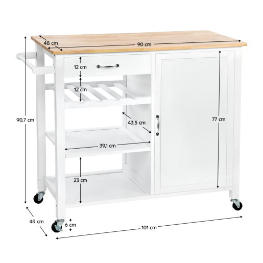 Carucior servire mdf alb furnir stejar Robins 101x49x90,7 cm