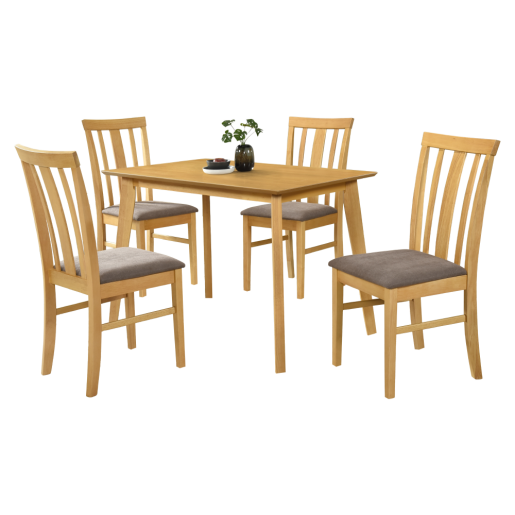 Set masa, 4 scaune lemn cauciuc mdf stejar sonoma textil maro Rois 110x70x75,2 cm, 43x52x94 cm