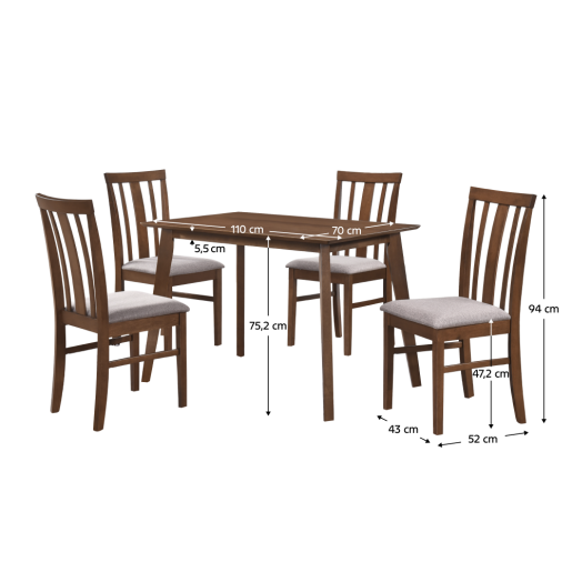 Set masa, 4 scaune lemn cauciuc mdf  maro textil bej Nois, 110x70x75,2 cm, 43x52x94 cm