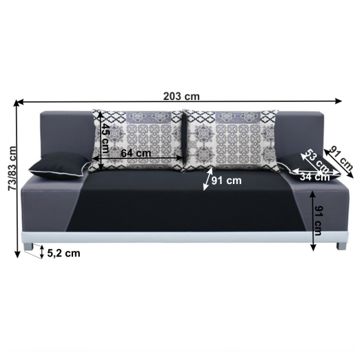 Canapea extensibila cu tapiterie textil negru gri  Rokar 203x91x83 cm