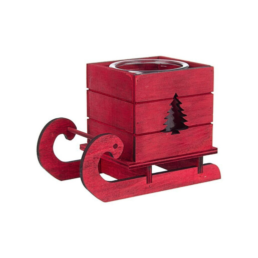 Suport lumanare din lemn rosu si sticla model Sanie Brad 16x9x12 cm