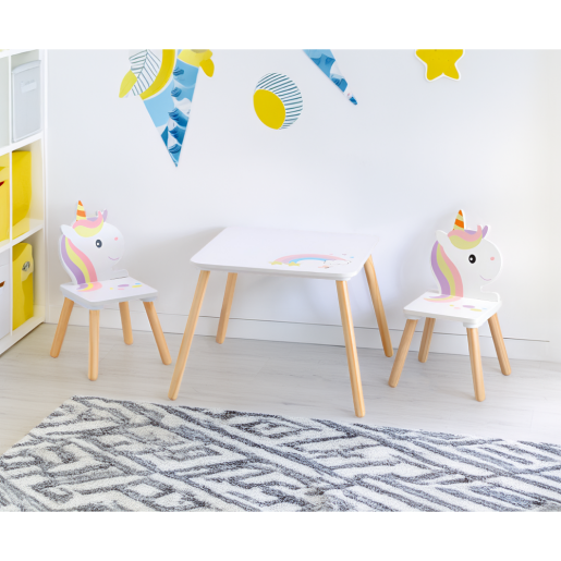 Set masuta, 2 scaune camera copii mdf lemn multicolor Unicorn 50x50x42,5 cm, 24x28x49,5 cm