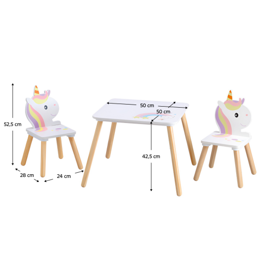 Set masuta, 2 scaune camera copii mdf lemn multicolor Unicorn 50x50x42,5 cm, 24x28x49,5 cm