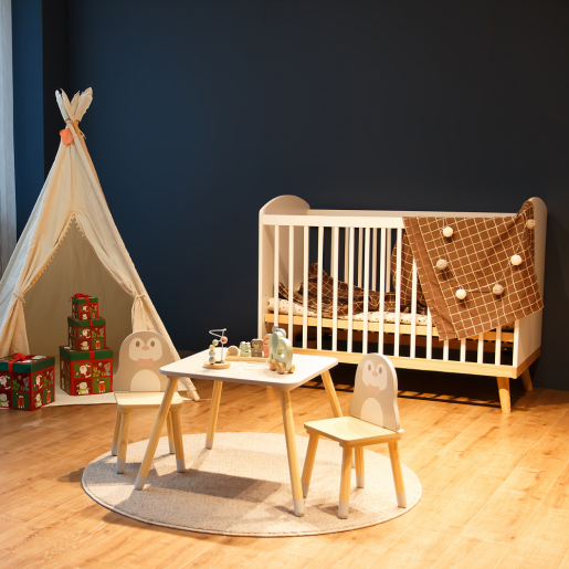 Set masuta, 2 scaune camera copii mdf lemn multicolor Pinguin 50x50x42,5 cm, 25,5x29x49,5 cm